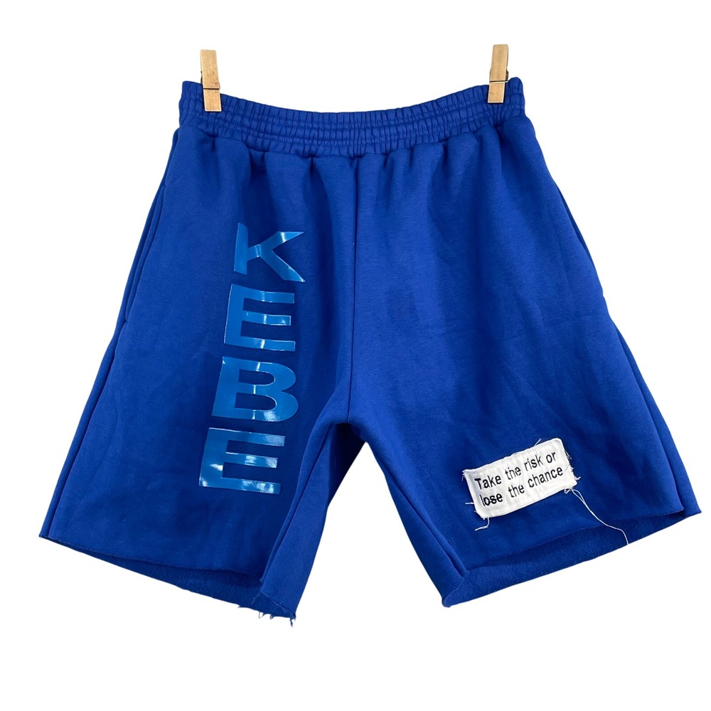 KEBE Fleece Sweat Shorts Mens Medium Blue Graphic Raw Hem Streetwear Casual